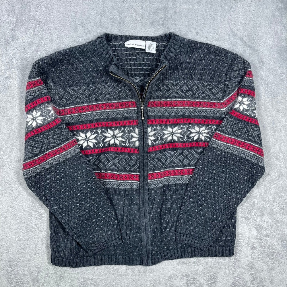 Croft & Barrow Mens L Nordic Fair Isle Snowflake Full Zip Cardigan Sweater Vtg
